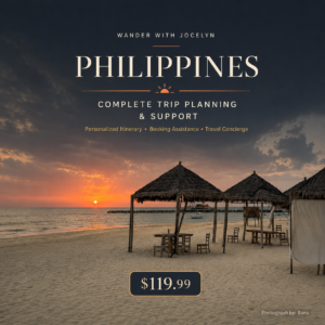 Philippines Complete Trip Planning and Support cover featuring a tropical beach sunset