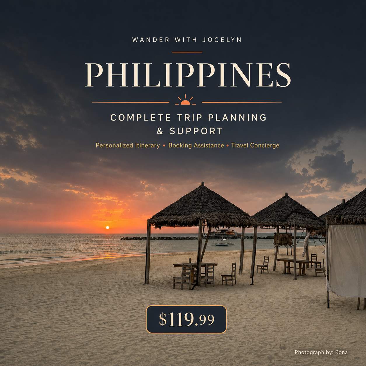 Philippines Complete Trip Planning and Support cover featuring a tropical beach sunset